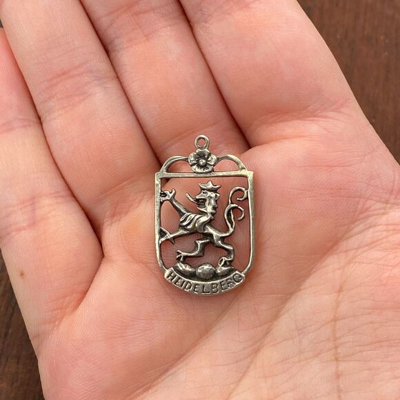 Vintage 835 Silver Heidelberg Germany Lion Crest Coat of Arms Pendant Charm - Picture 1 of 3